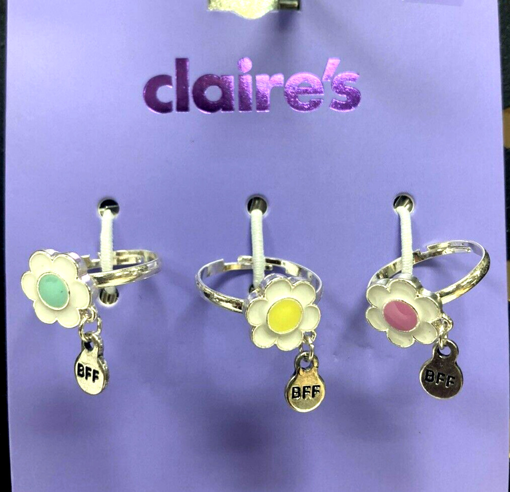Claire’s Girls Set Of 3 Silver Adjustable Bff Charm Flower Rings 40989-6