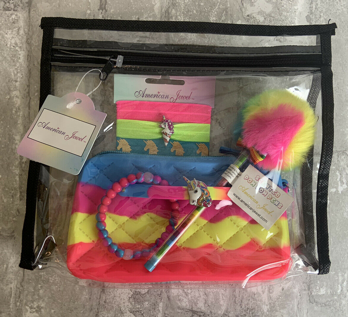 American Jewel Girls Neon Rockin’ Candy Party Bag : Wristlet Pompon Pen Set-new