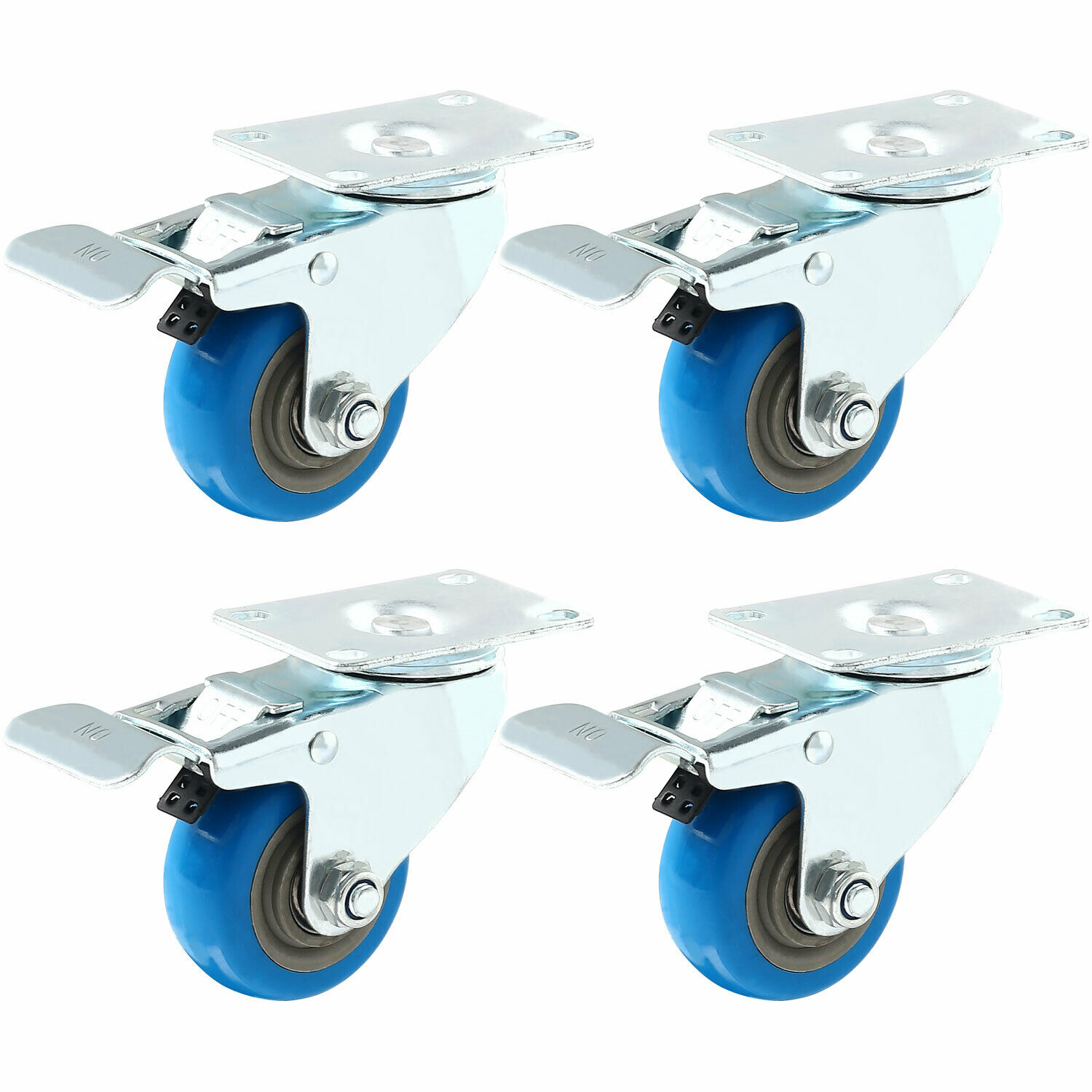 Set 4 Swivel Plate Casters 3" Blue Polyurethane Wheels Total Lock Brake
