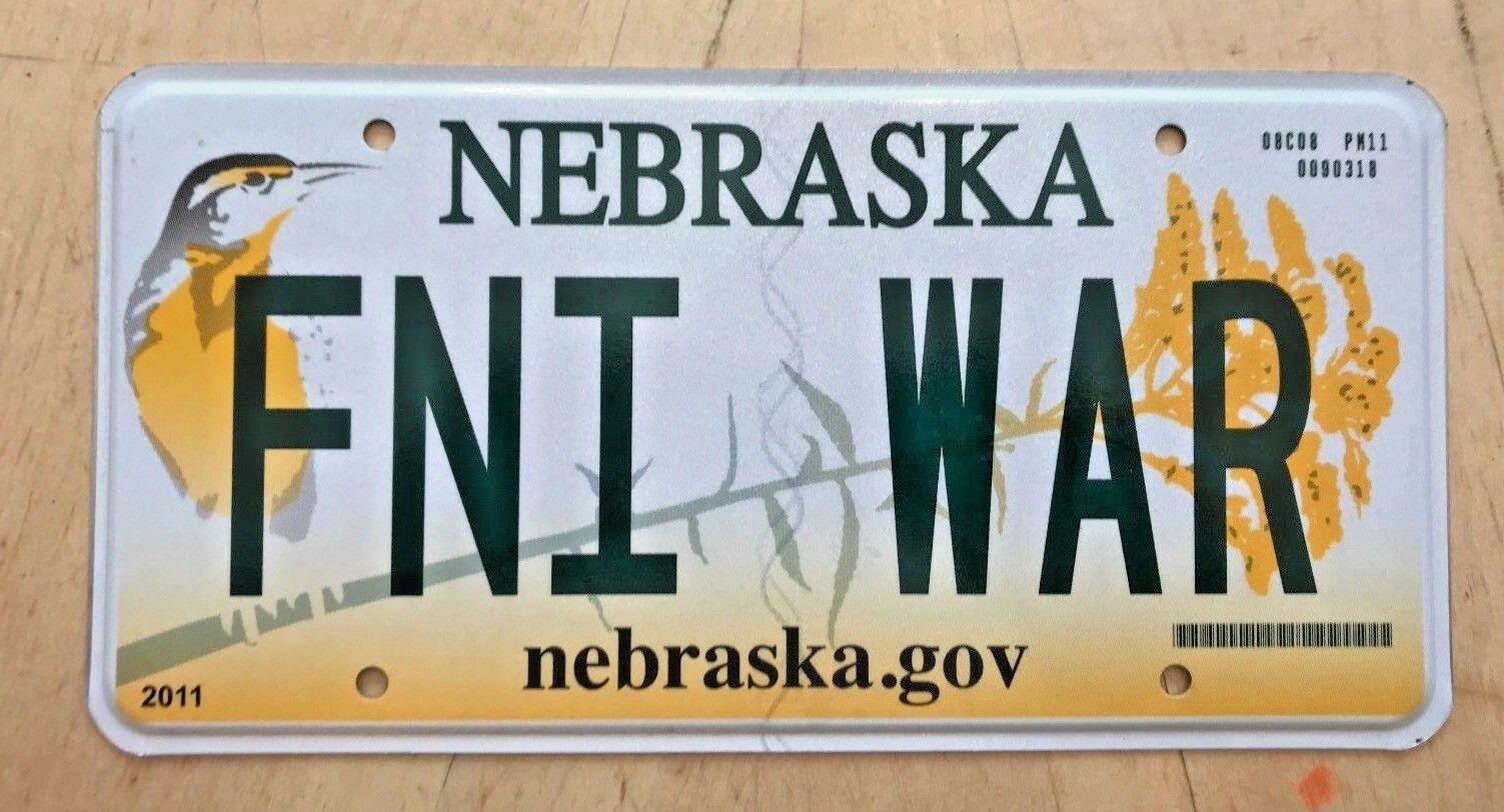 Nebraska  Graphic Bird Vanity License Plate " Fni War " Veteran Army Vet Ww2