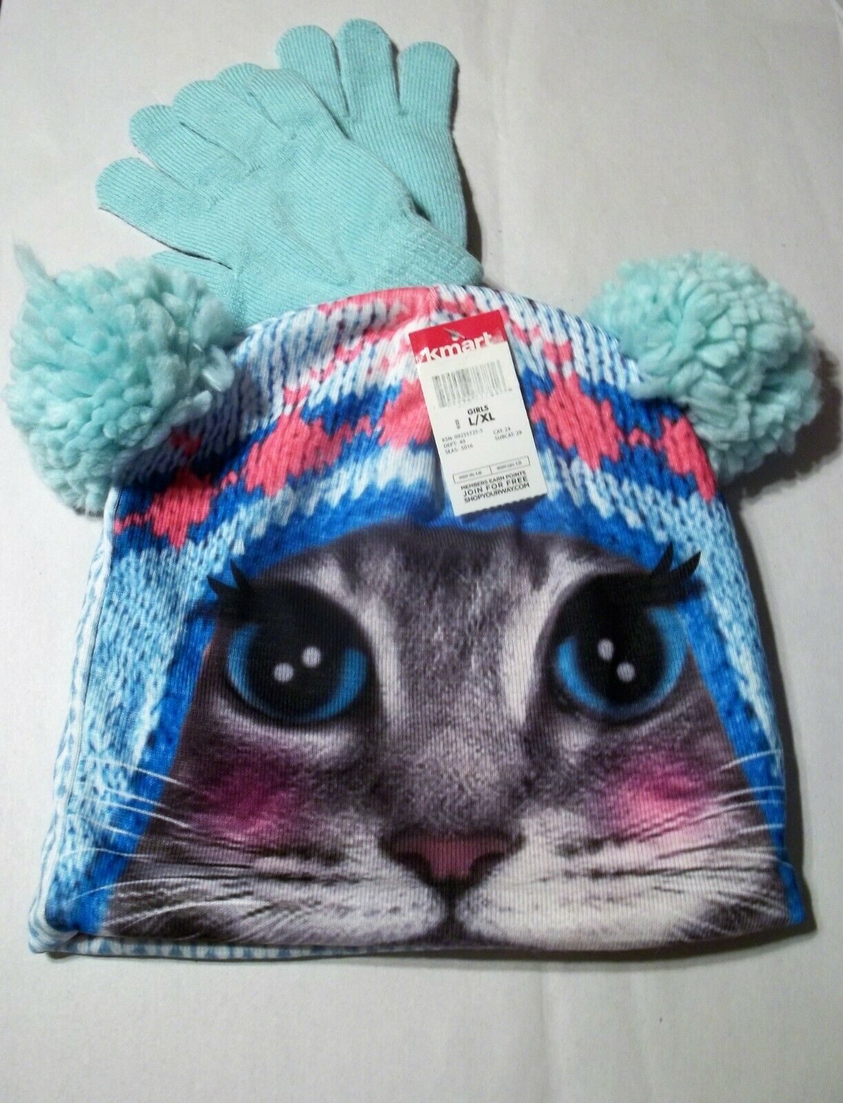 Girls Cat Face Beanie Hat & Gloves Set-ages 8-16
