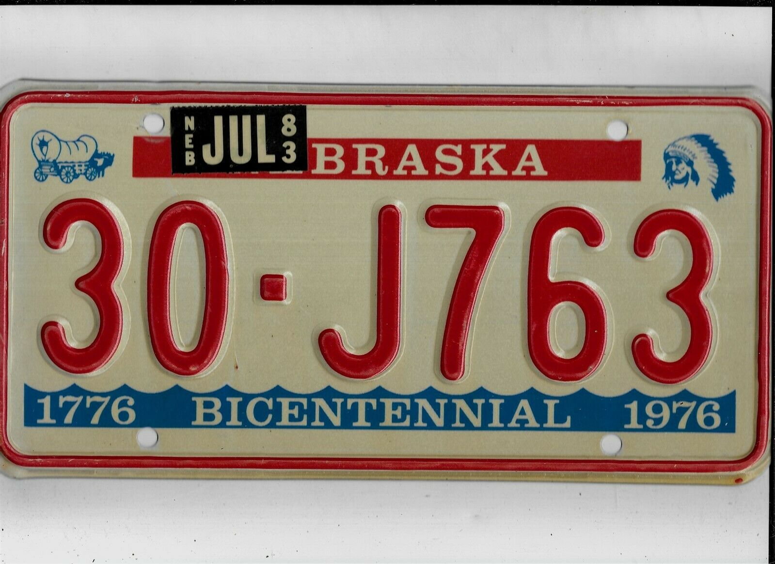 Nebraska Passenger 1983 License Plate "30-j763" ***clay***bicentennial***