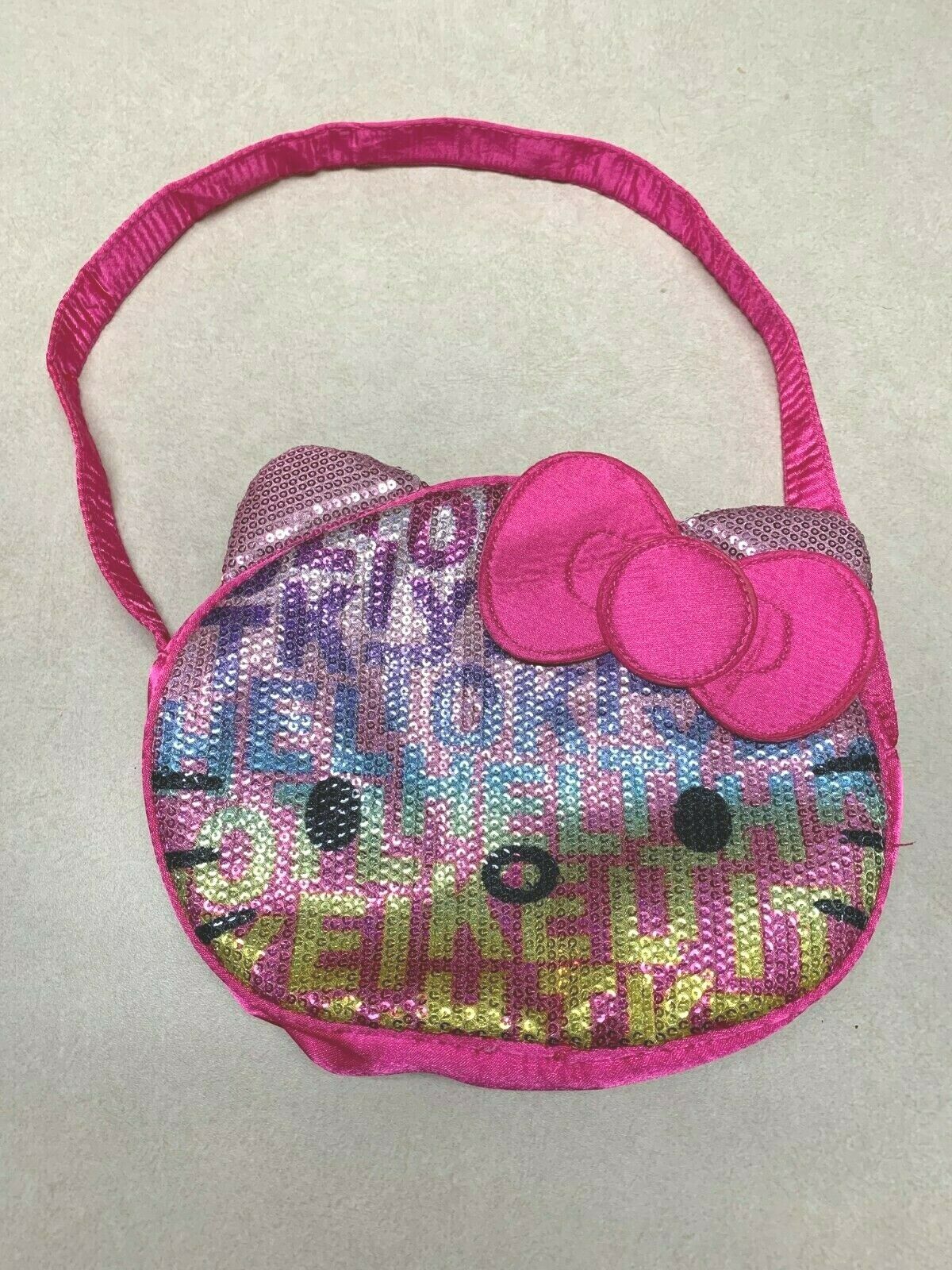 Sanrio Hello Kitty Sequin Face W/pink Bow Strap Zip Top Purse