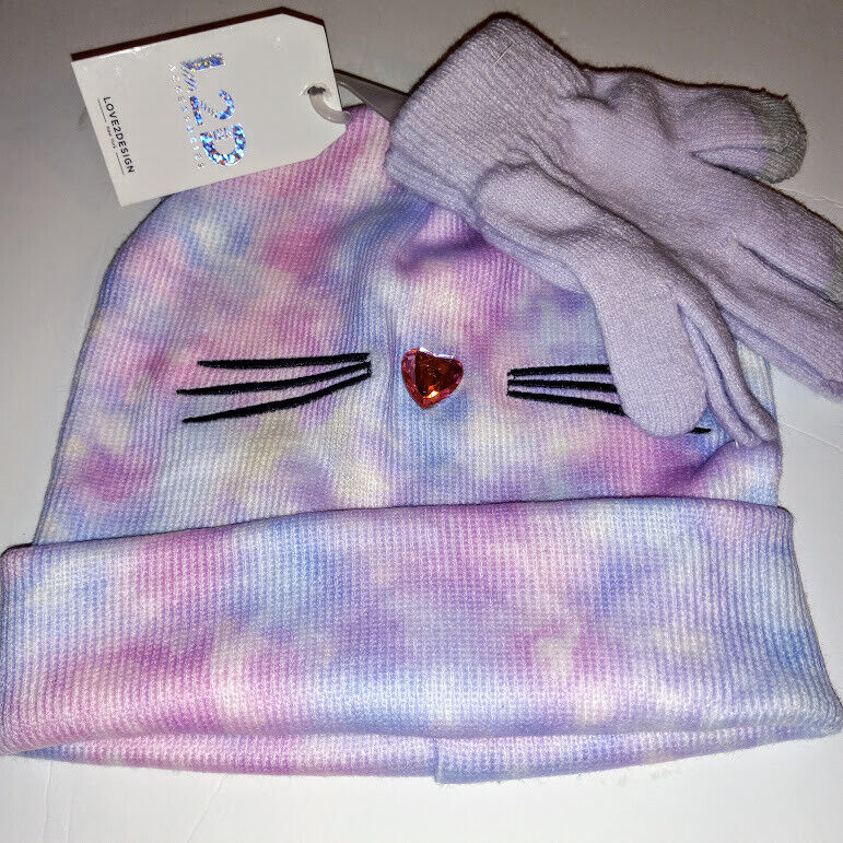 Love2design (l2d) Girl's Hat And Glove Set Pink Light Blue And White Cat Nwt.