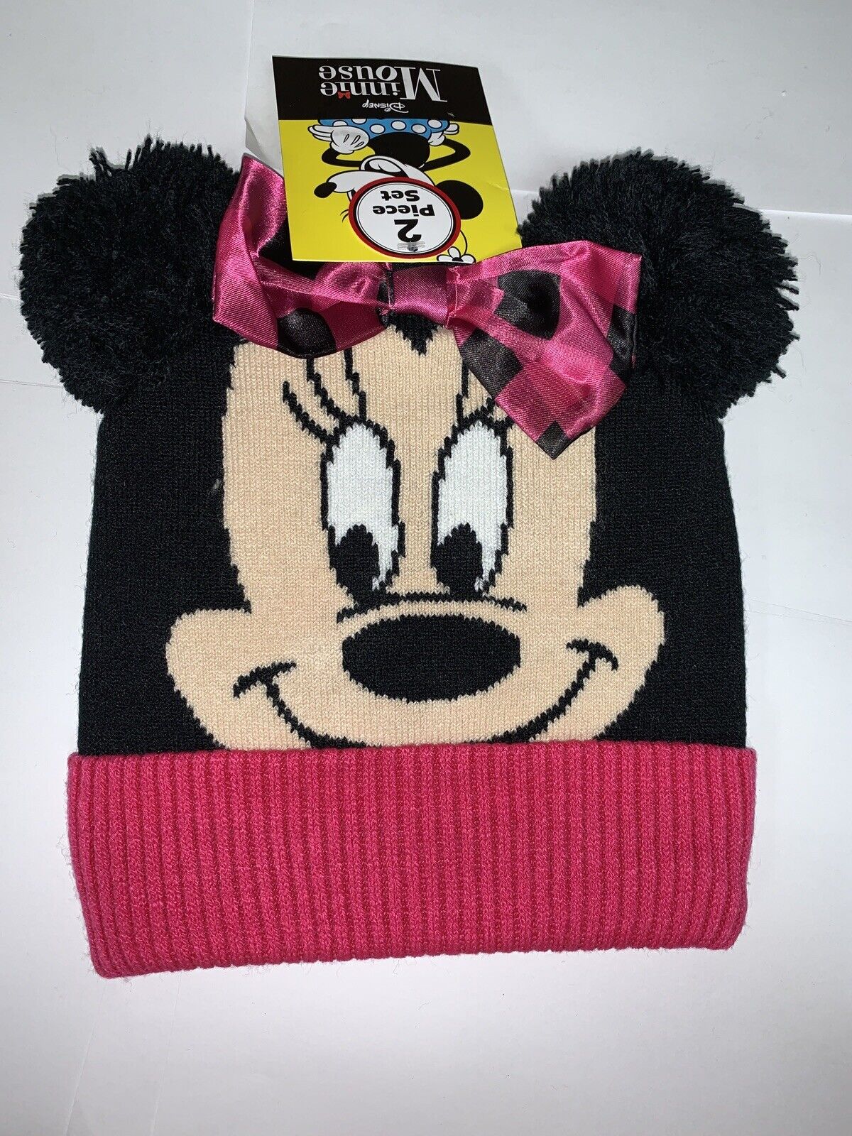 Disney Minnie Mouse Black/pink Pompom Beanie And Gloves Set