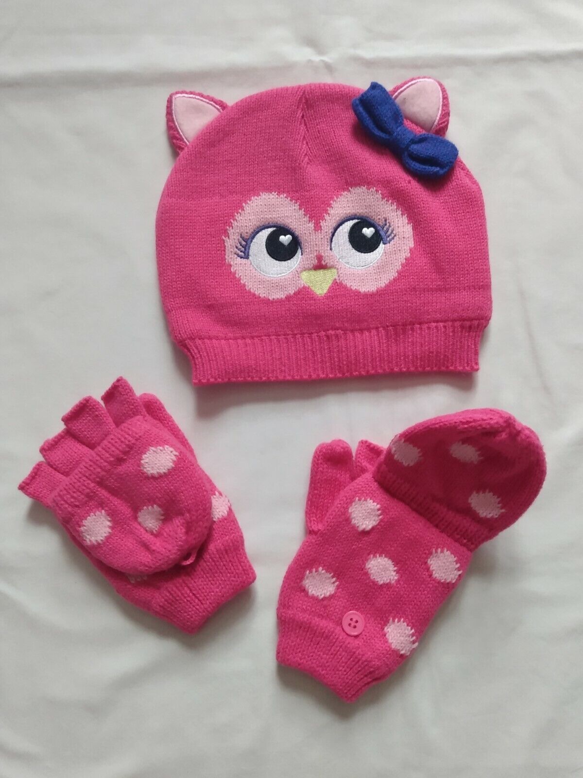 Nwot Jumping Beans Owl Winter Hat & Flip-top Gloves Fleece Lined Set Sz L