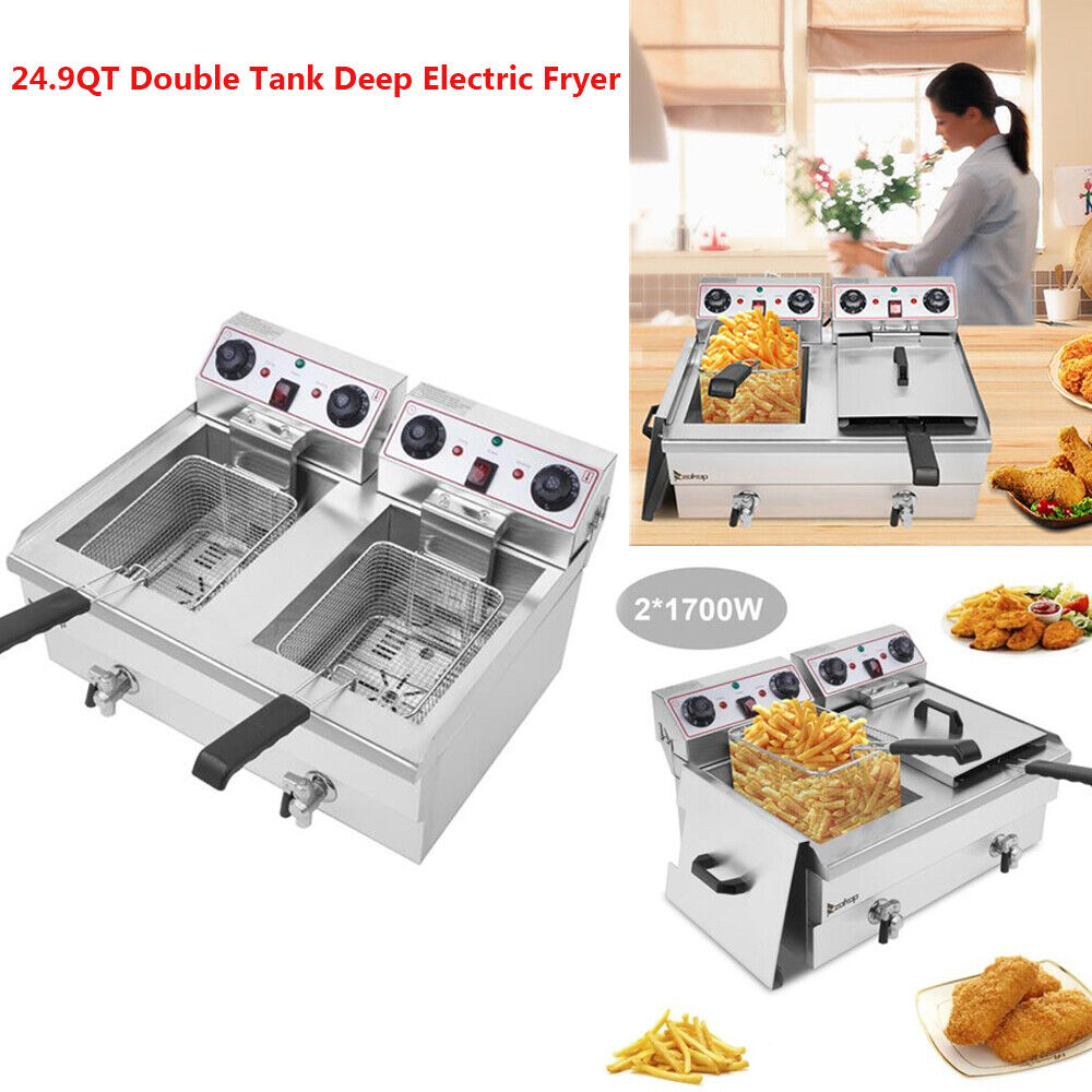 24.9qt Double Tank Deep Fryer 3400w  Stainless Steel Faucet Home Electric Fryer