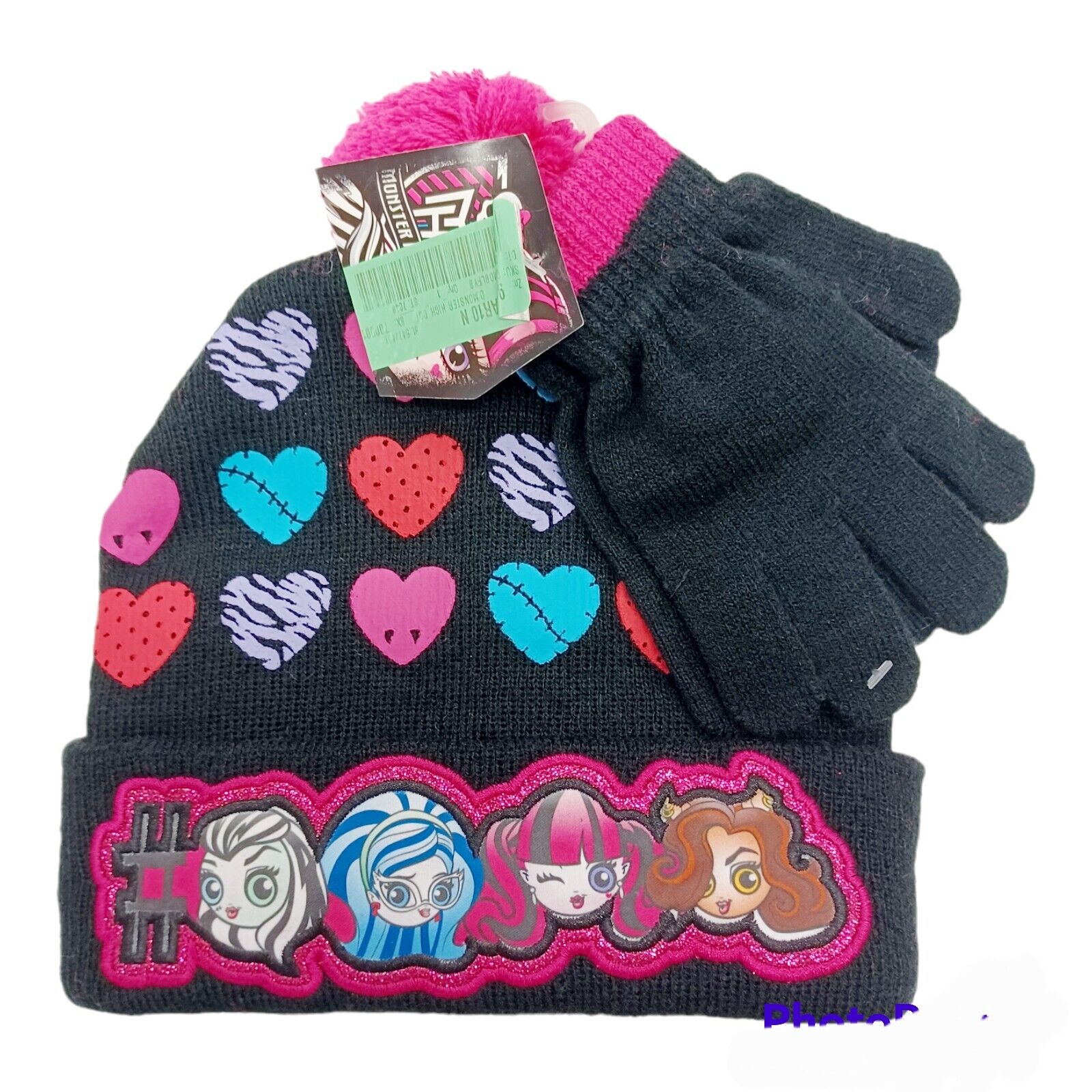 Monster High Girls Rolled Cuff Beanie Hat & Gloves Set-ages 4-8