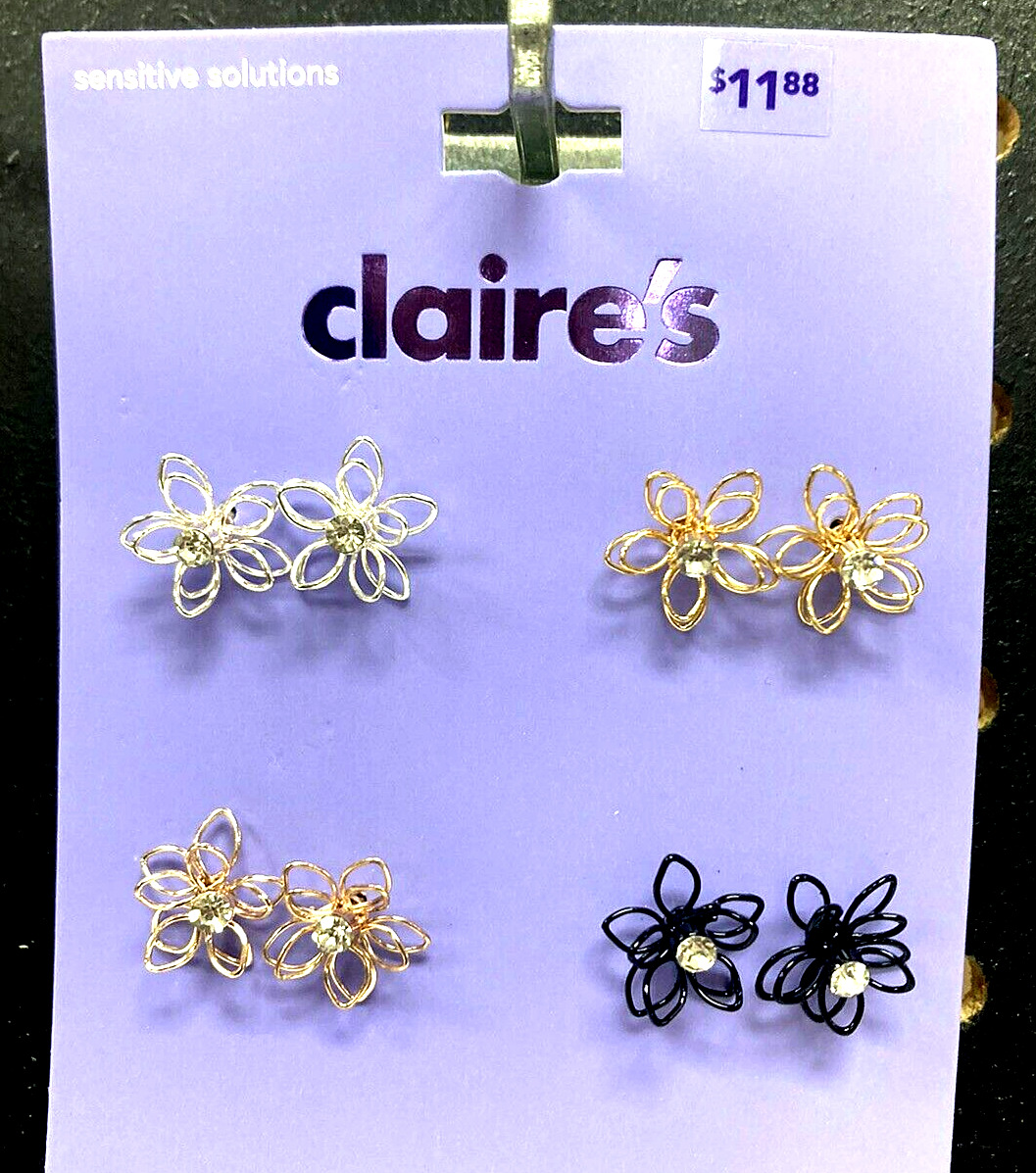Claire’s Girls 4 Pairs Of 3d Flowers With Gemstones Stud Earrings Gold Silver