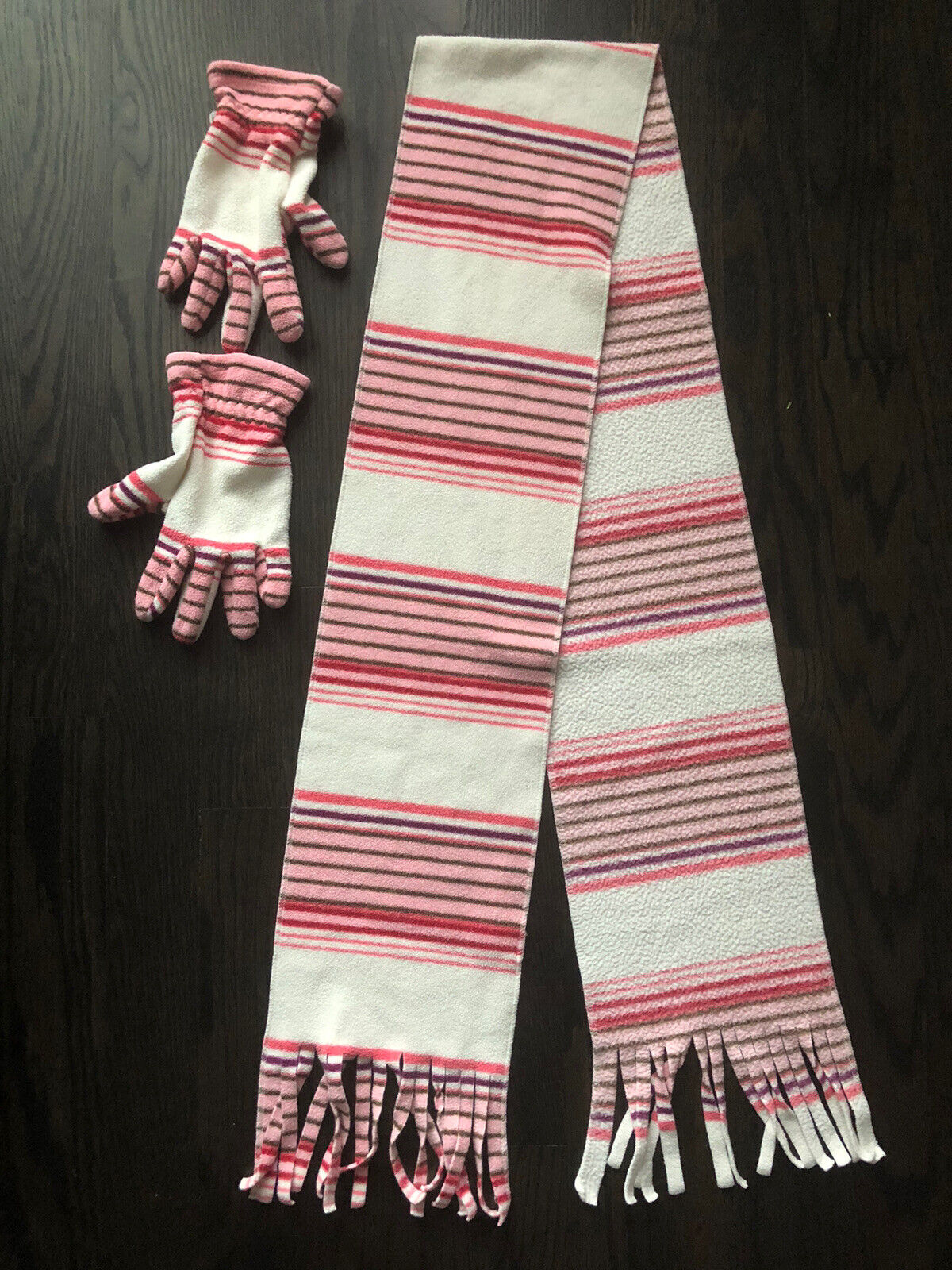 Old Navy Scarf (one Sz) And Gloves (sz S) Set Fleece Pink White Stripe Girls Euc