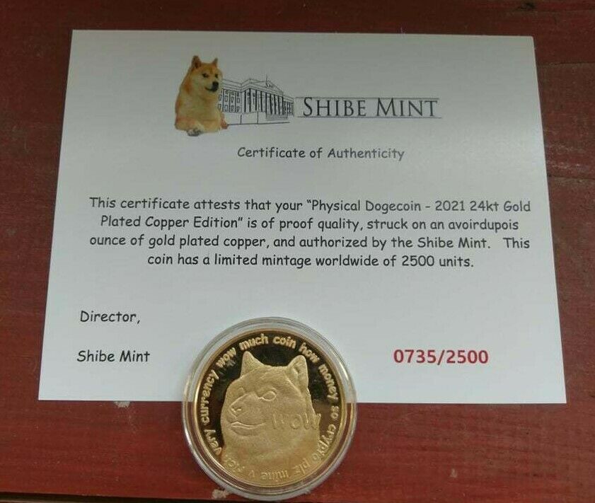 2021 Dogecoin 24kt Gold Plated Copper Round Shibe Mint Coa Doge Coin #735/2500