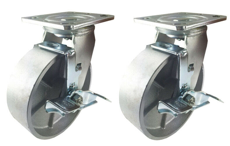 2 Heavy Duty Caster Set 4" 5" 6" 8" Steel Wheels Rigid Swivel Brake Total Lock