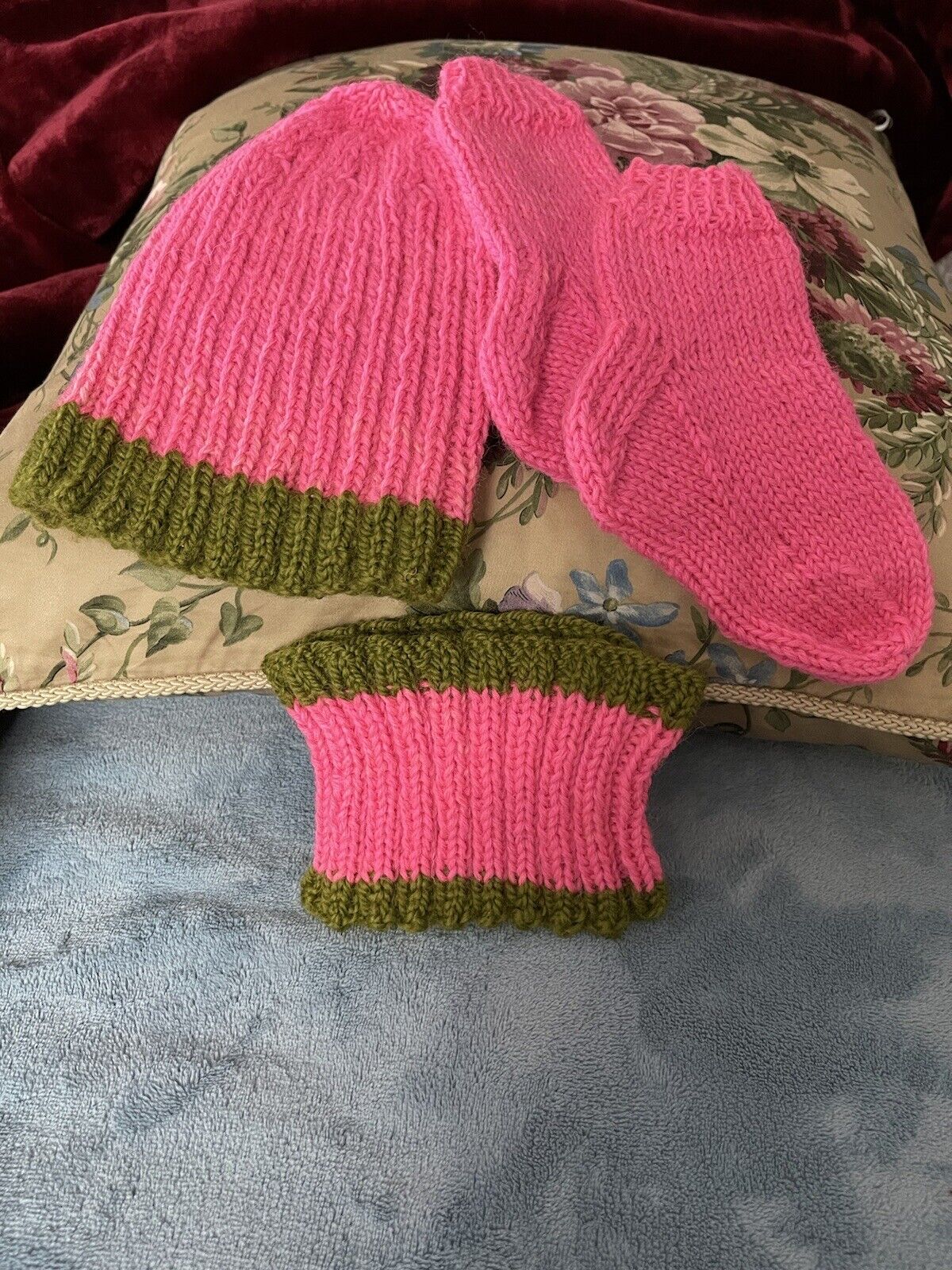 Child Handmade Knitted Wool Hat, Neck Warmer And Sock Set. Pink/moss Green