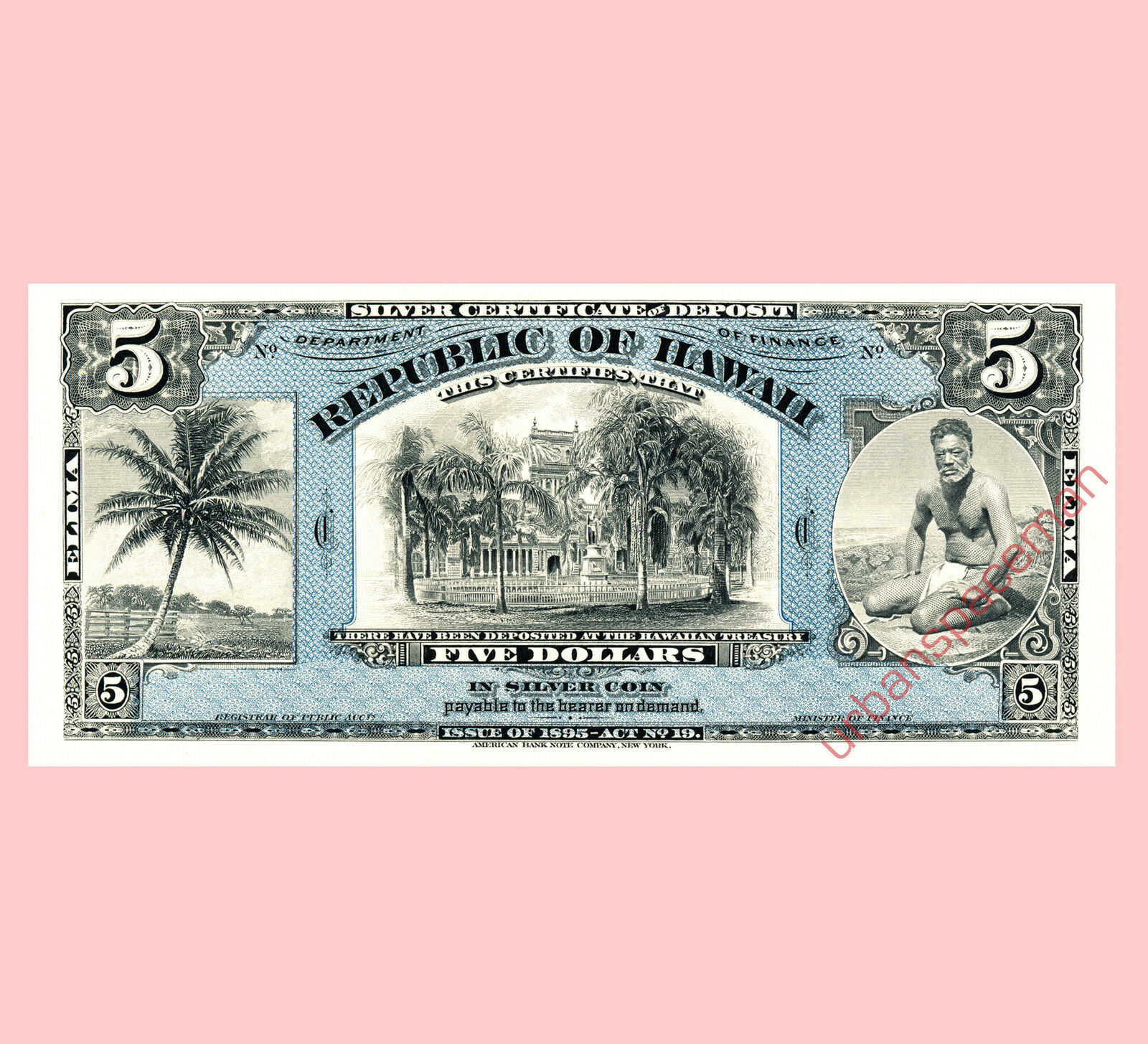 Abnc Proof Print - $5 Republic Of Hawaii Silver Certificate, 1895 Banknote