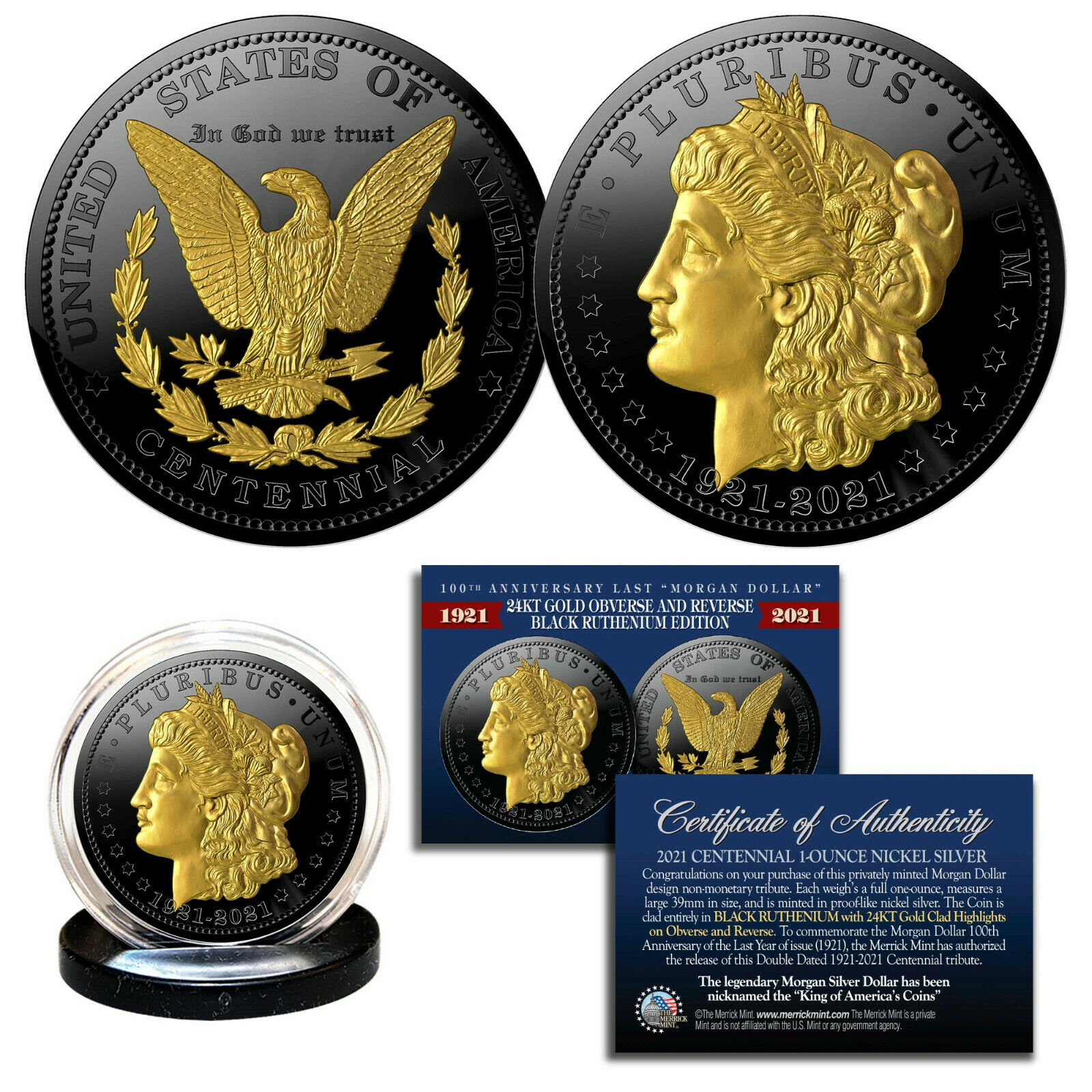 Morgan Dollar Tribute Coin 100th Anniversary 1 Oz. Black Ruthenium & 24k Gold