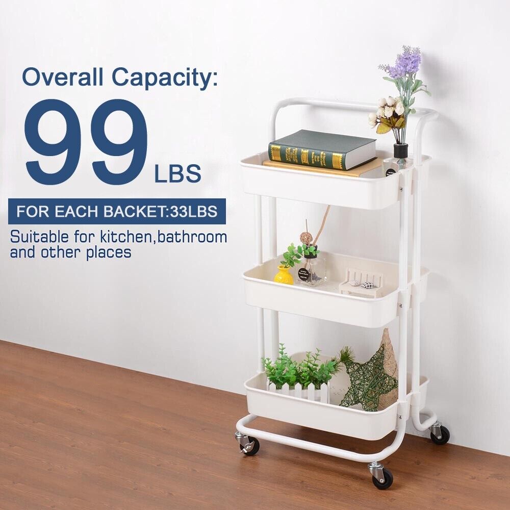 3 Tiers Rolling Utility Cart With 360 Degree Wheels White 42.5 X 35 X 87 Cm