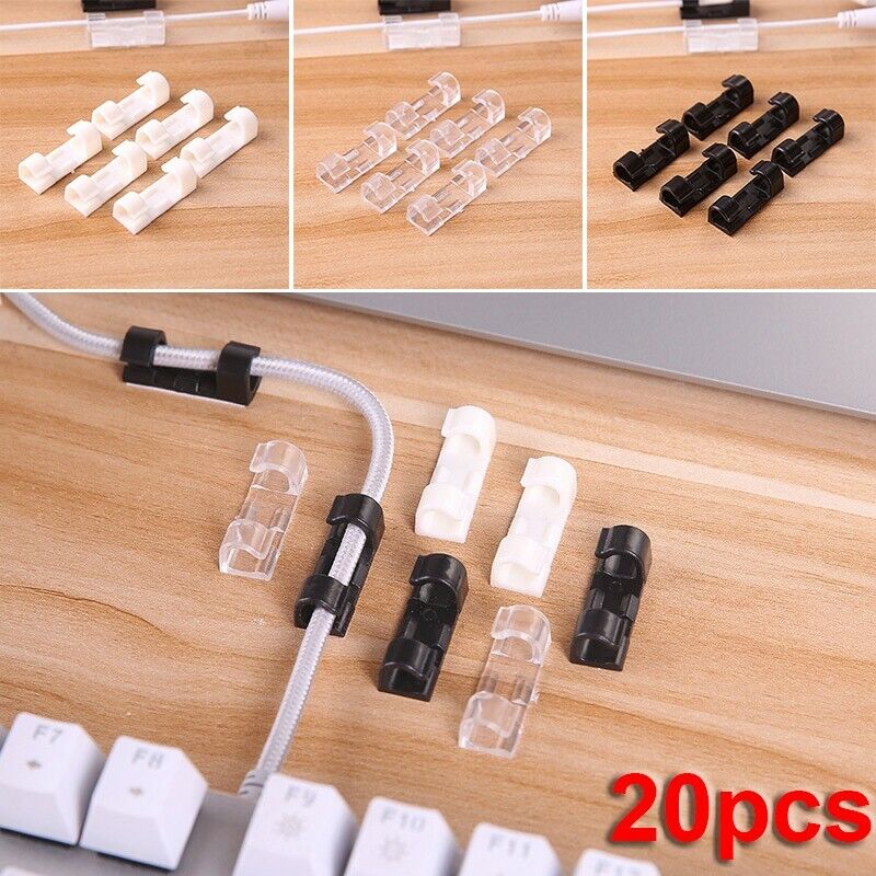 20pcs Cable Cord Clips Self-adhesive Wire Clamp Table Wall Tidy Holder Organizer